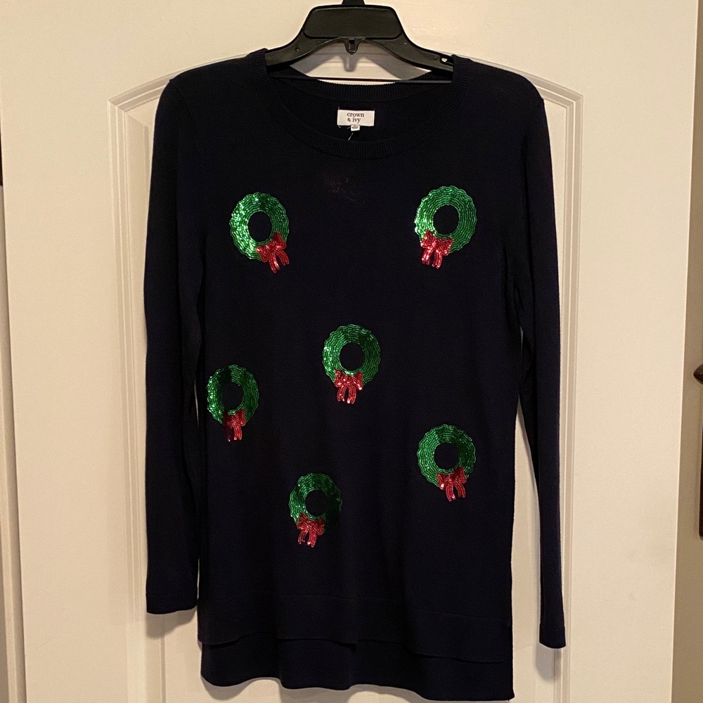 Crown & Ivy Navy Sweater with Festive Sequin  Accents